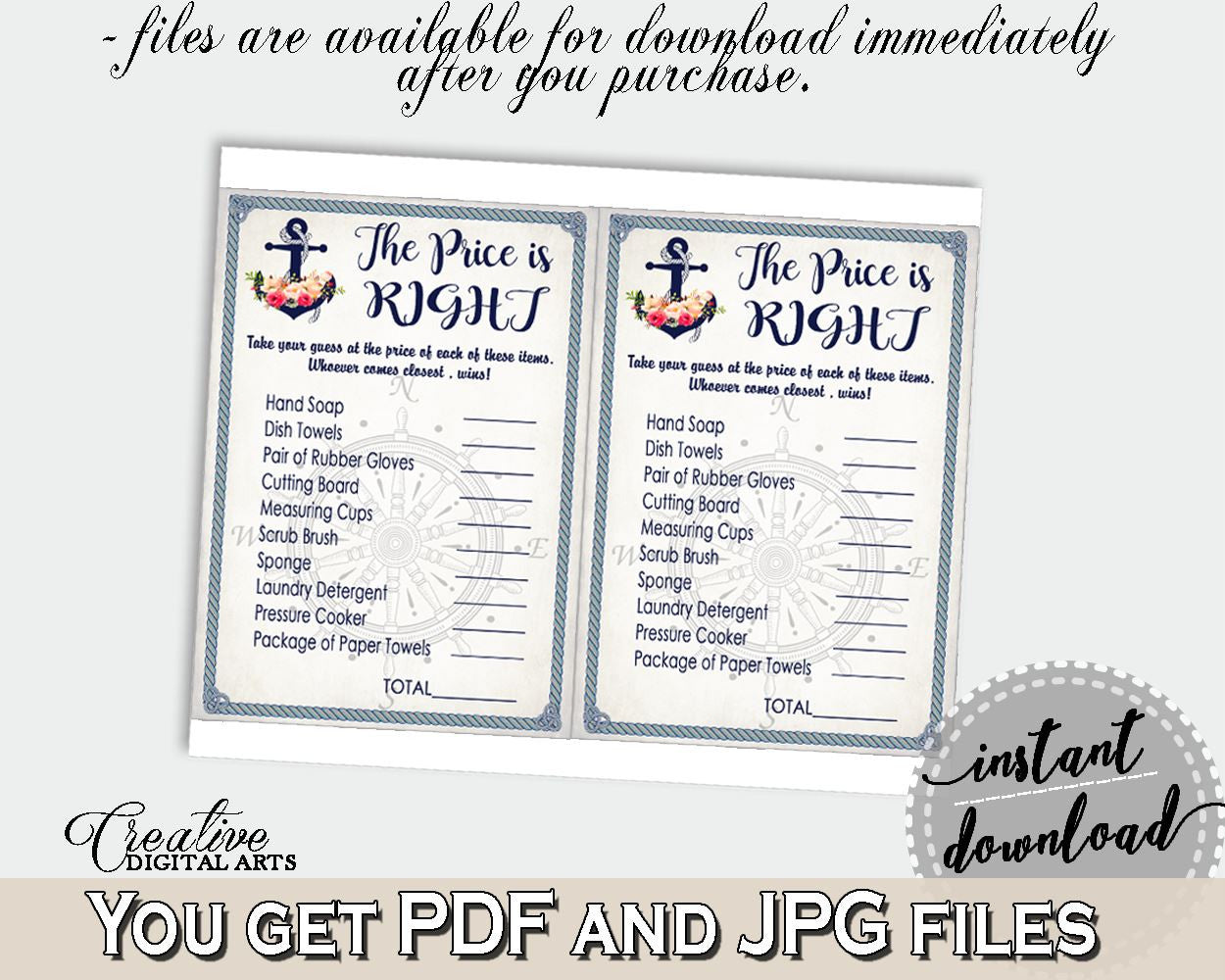 Nautical Anchor Flowers Bridal Shower The Price Is Right Game in Navy Blue, price game, aquatic bridal, party theme, printable files - 87BSZ - Digital Product