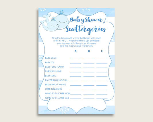 Scattergories Baby Shower Whale Theme, Blue White Scattergories Game Printable, Boy Baby Shower Fun Activity, Watercolor Stripes Light wbl01