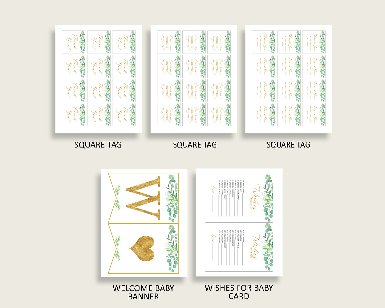 Green Gold Baby Shower Decorations Gender Neutral Kit, Greenery Baby Shower Party Package Printable, Instant Download, Most Popular Y8X33