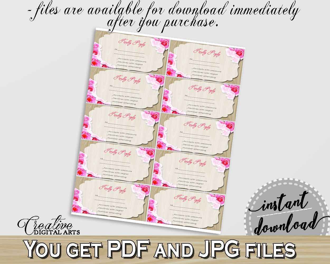 Roses On Wood Bridal Shower Invitation Insert Kindly Reply in Pink And Beige, answer ticket, wooden theme bridal, paper supplies - B9MAI - Digital Product