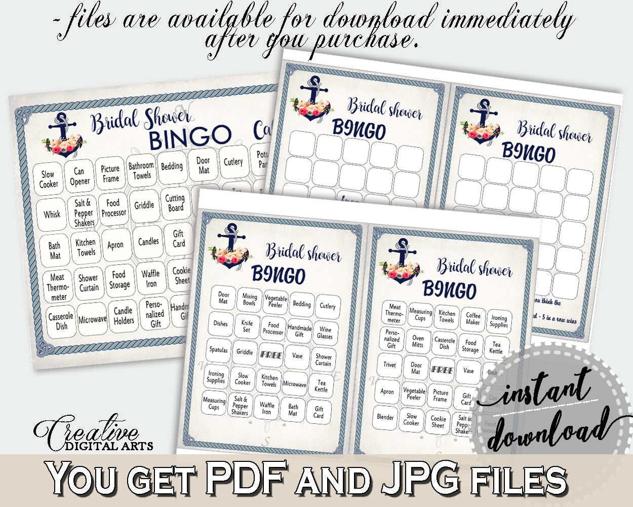 Navy Blue Nautical Anchor Flowers Bridal Shower Theme: Bingo 60 Cards - playtime, relationship, customizable files, printable files - 87BSZ - Digital Product