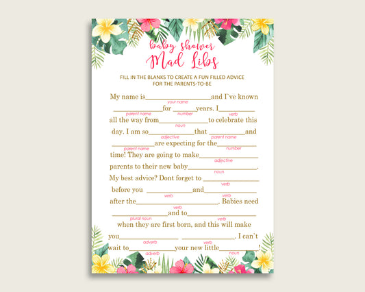 Pink Green Mad Libs Baby Shower Girl Game Printable, Hawaiian Mad Libs Fun Activity, DIY digital file, Summer Theme Palm Leaves 955MG