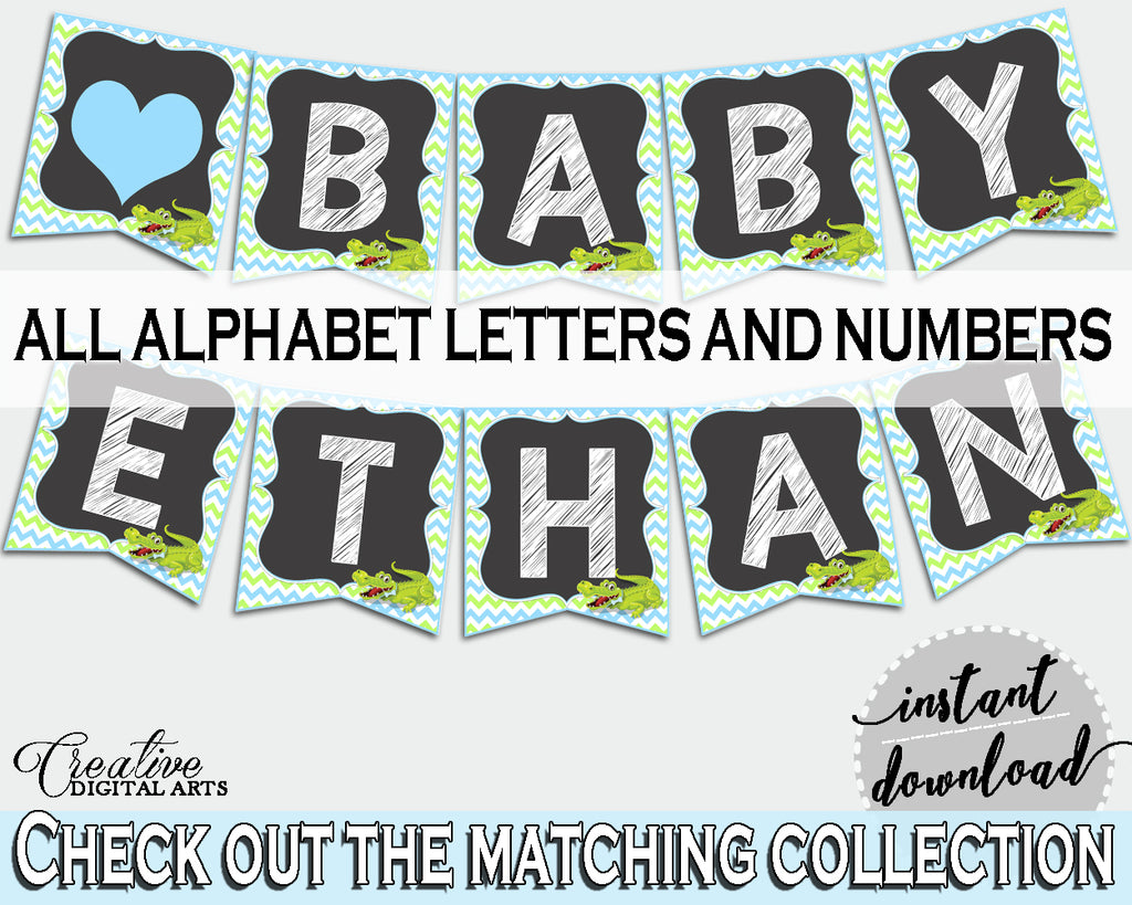 Baby shower BANNER decoration printable with green alligator and blue color theme, instant download - ap002