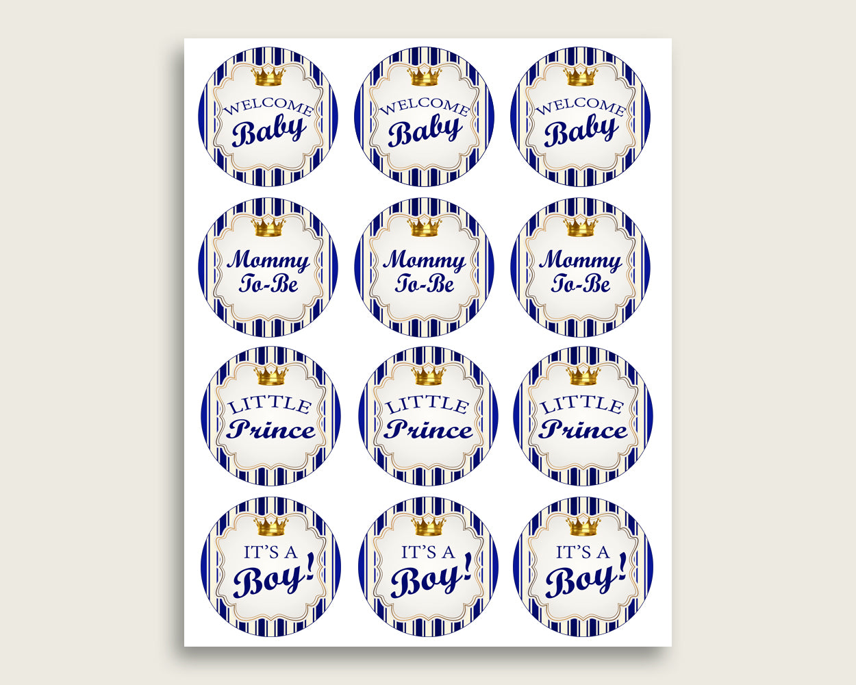 Royal Prince Cupcake Toppers, Blue Gold Cupcake Wrappers, Toppers Wrappers Baby Shower Boy, Instant Download, Prince Theme Navy King rp001