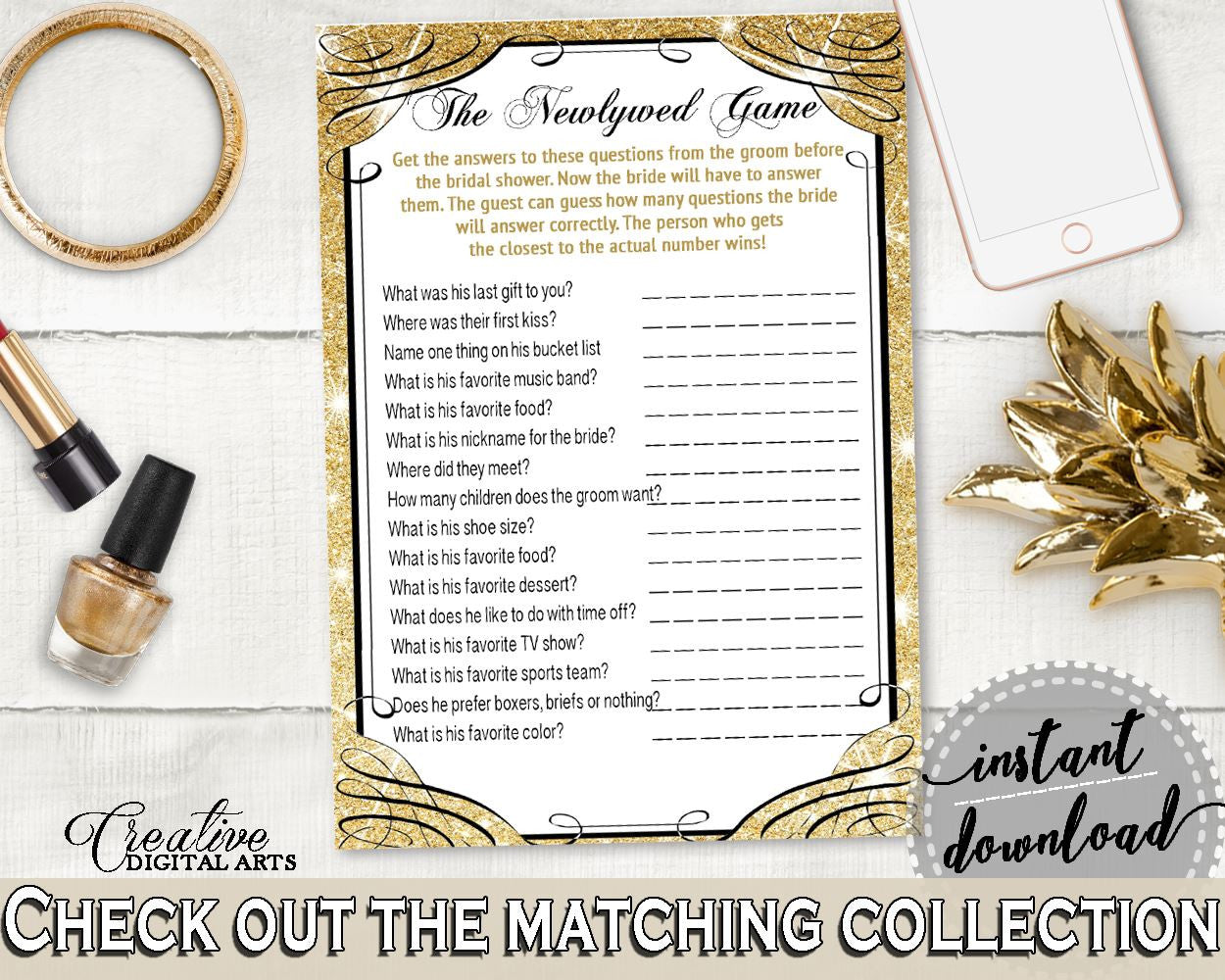 The Newlywed Game in Glittering Gold Bridal Shower Gold And Yellow Theme, what did bride say, shine theme, party theme, party decor - JTD7P - Digital Product