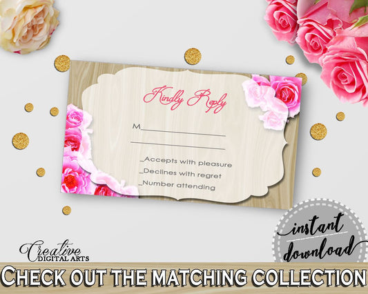 Roses On Wood Bridal Shower Invitation Insert Kindly Reply in Pink And Beige, answer ticket, wooden theme bridal, paper supplies - B9MAI - Digital Product