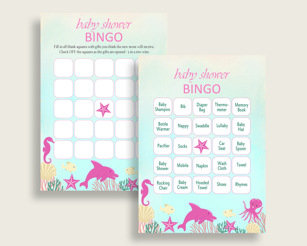 Under The Sea Baby Shower Bingo Cards Printable, Pink Green Baby Shower Girl, 60 Prefilled Bingo Game Cards, Popular Sea Creatures uts01