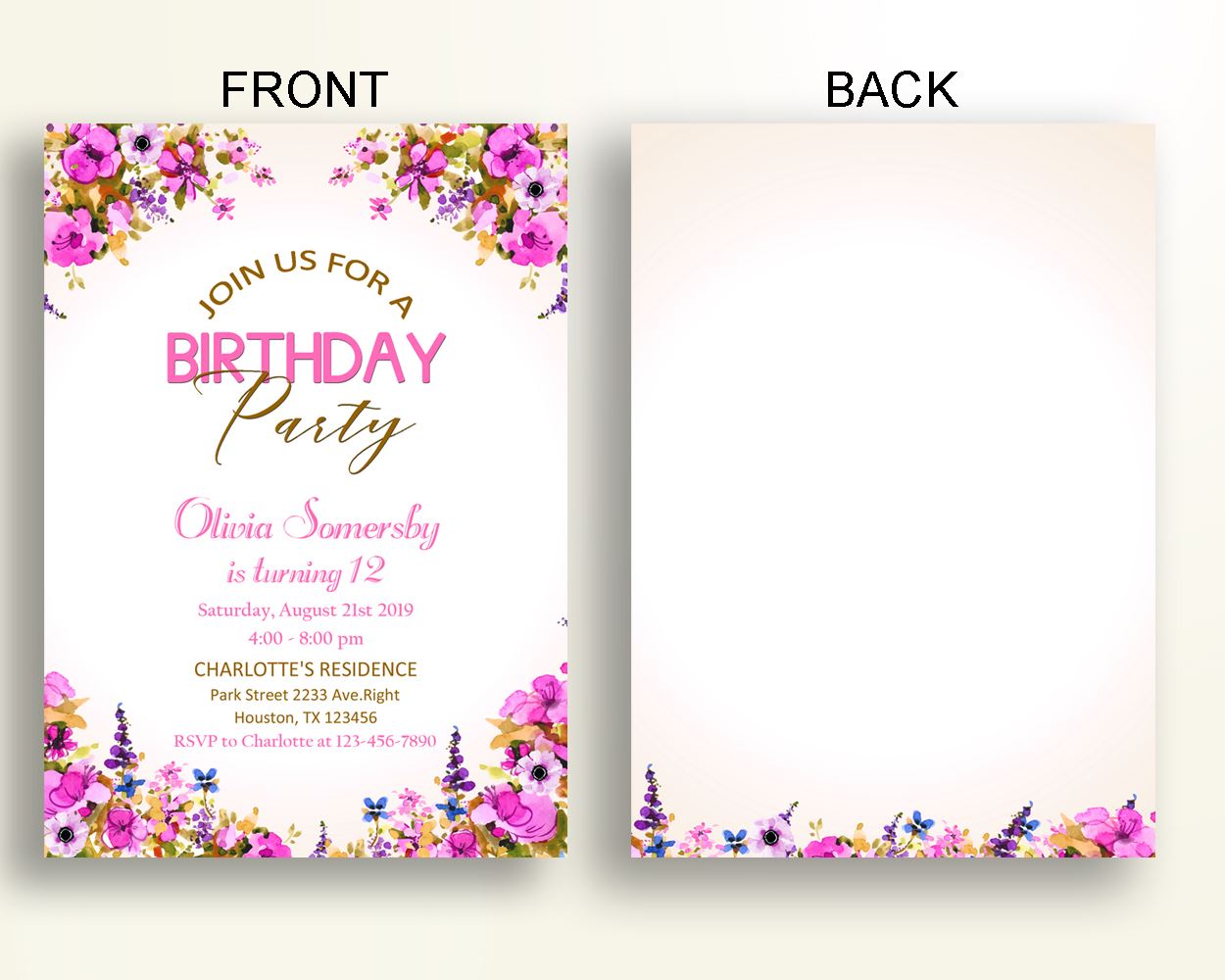 Floral Pink Birthday Invitation Floral Pink Birthday Party Invitation Floral Pink Birthday Party Floral Pink Invitation Girl W33FV - Digital Product