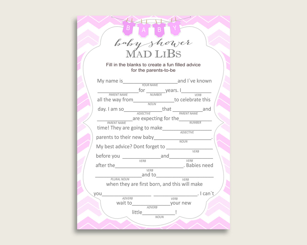 Pink White Mad Libs Baby Shower Girl Game Printable, Chevron Mad Libs Fun Activity, DIY digital file, Zig Zag Theme Stripy Lines cp001