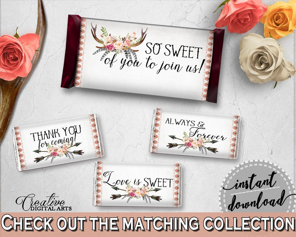 Hershey Mini And Standard Wrappers in Antlers Flowers Bohemian Bridal Shower Gray and Pink Theme, candy wrappers, party décor - MVR4R - Digital Product