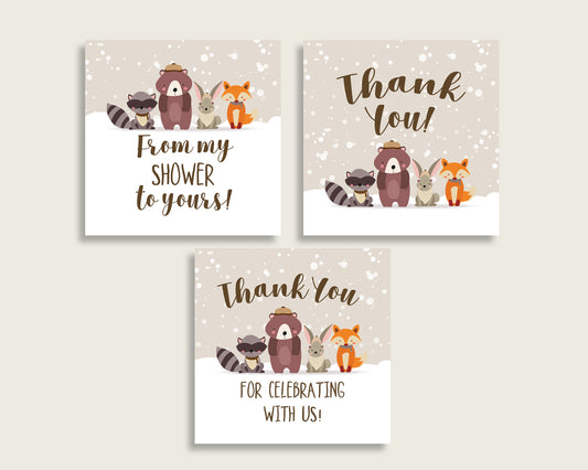 Winter Woodland Baby Shower Square Thank You Tags 2 inch Printable, Beige Brown Gender Neutral Shower Gift Tags, Hang Tags Labels RM4SN