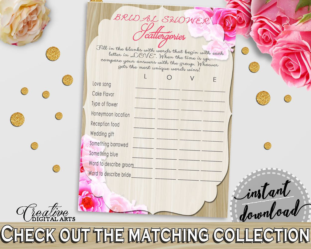 Pink And Beige Roses On Wood Bridal Shower Theme: Scattergories Game - shower scattergories, sandy color, party ideas, party décor - B9MAI - Digital Product