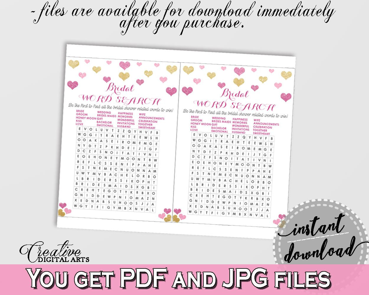 Gold And Pink Glitter Hearts Bridal Shower Theme: Word Search - rows of squares,  valentine theme, party organizing, party plan - WEE0X - Digital Product