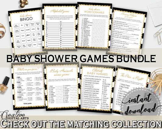Baby Shower games package bundle printable glitter gold title with black white stripes, 8 games pack pdf jpg - Instant Download - bs001