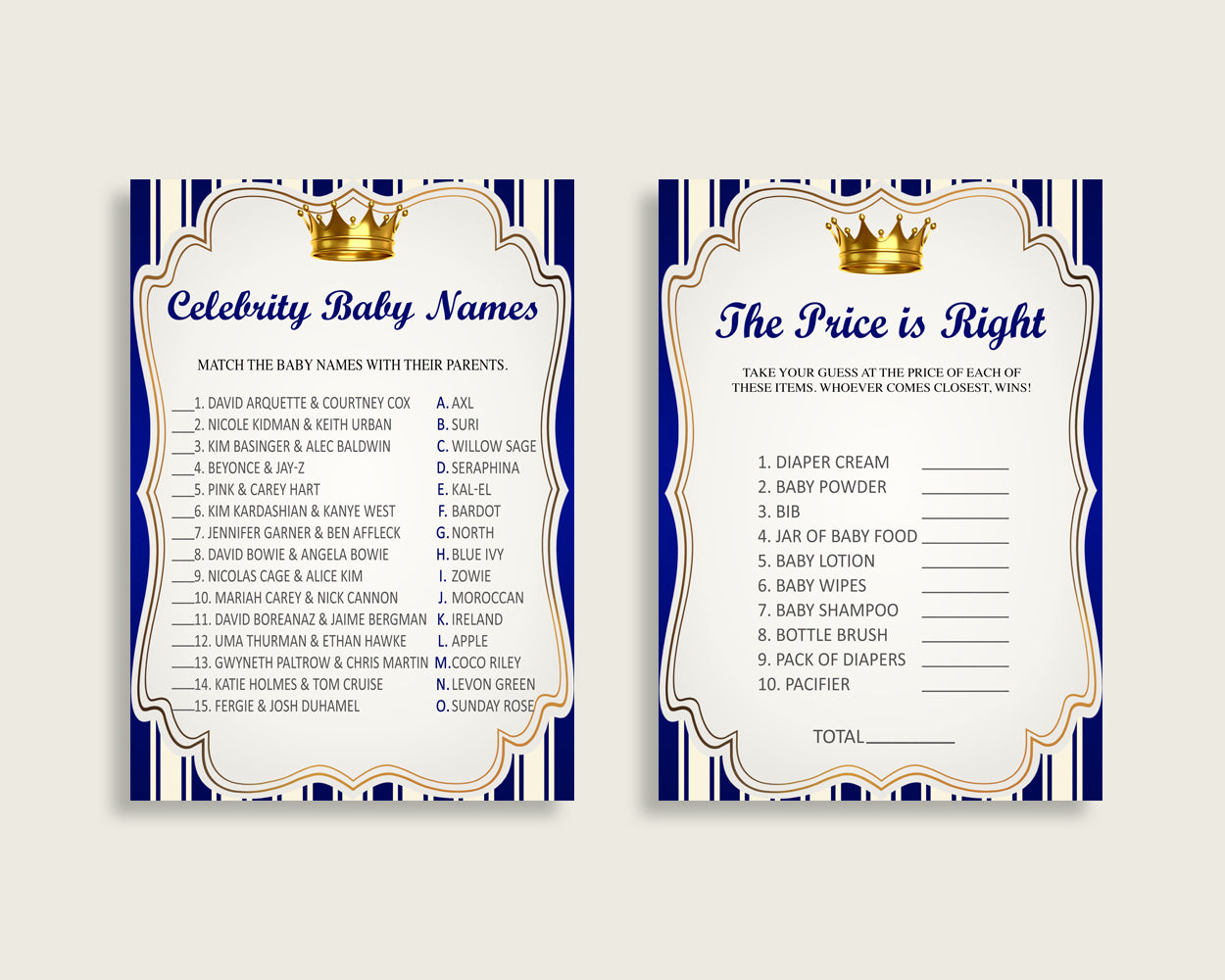 Royal Prince Baby Shower Games Printable Pack, Blue Gold Baby Shower Games Package Boy, Royal Prince Games Bundle Set, Instant rp001