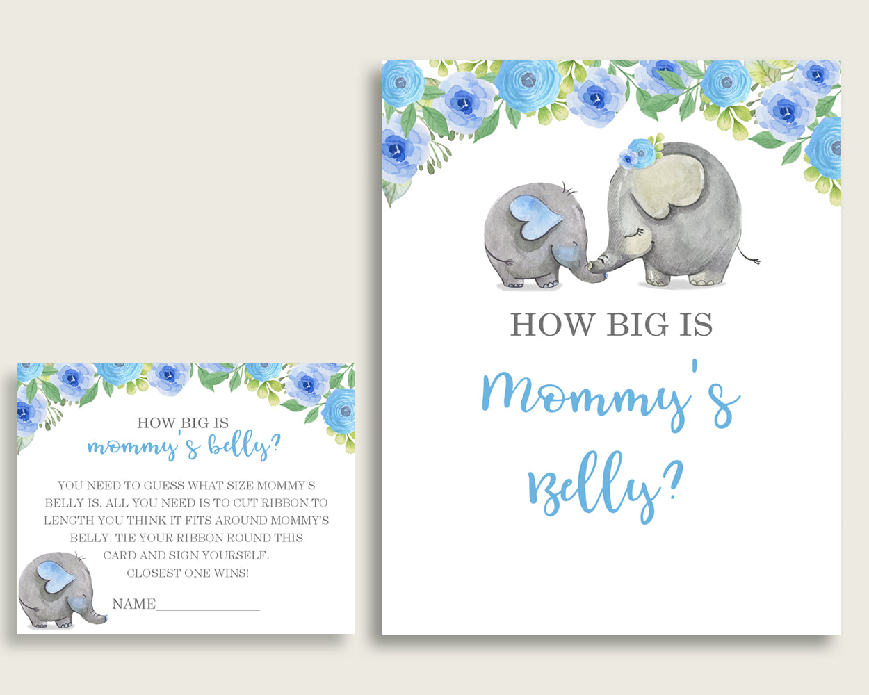 Blue Gray How Big Is Mommy's Belly Game, Elephant Blue Baby Shower Boy, Guess Mommys Belly Size, Mommy Tummy Game, Instant Download, ebl01