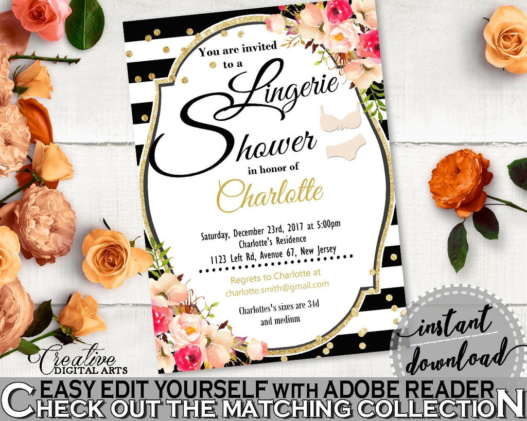 Lingerie Shower Invitation Editable in Flower Bouquet Black Stripes Bridal Shower Black And Gold Theme, pdf invitation, prints - QMK20 - Digital Product