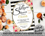 Lingerie Shower Invitation Editable in Flower Bouquet Black Stripes Bridal Shower Black And Gold Theme, pdf invitation, prints - QMK20 - Digital Product