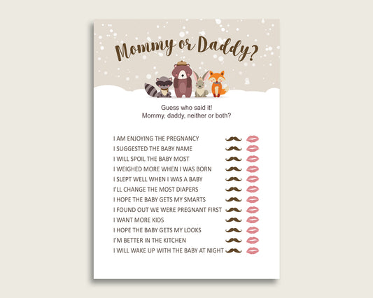 Beige Brown Mommy Or Daddy Baby Shower Gender Neutral Game Printable, Winter Woodland Guess Who Said It, He Said She Said, Instant RM4SN