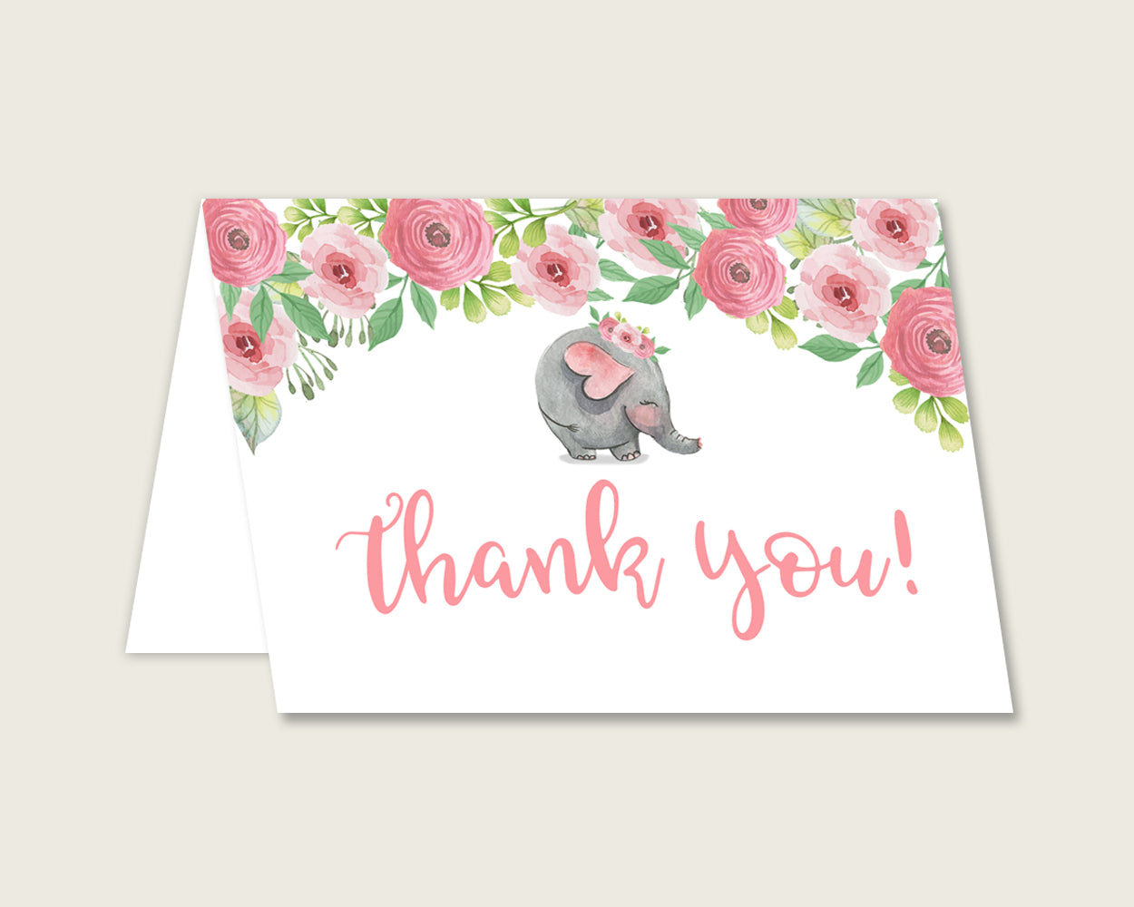 Pink Grey Thank You Cards Printable, Pink Elephant Baby Shower Thank You Notes, Girl Shower Thank You Folded, Instant Download, ep001