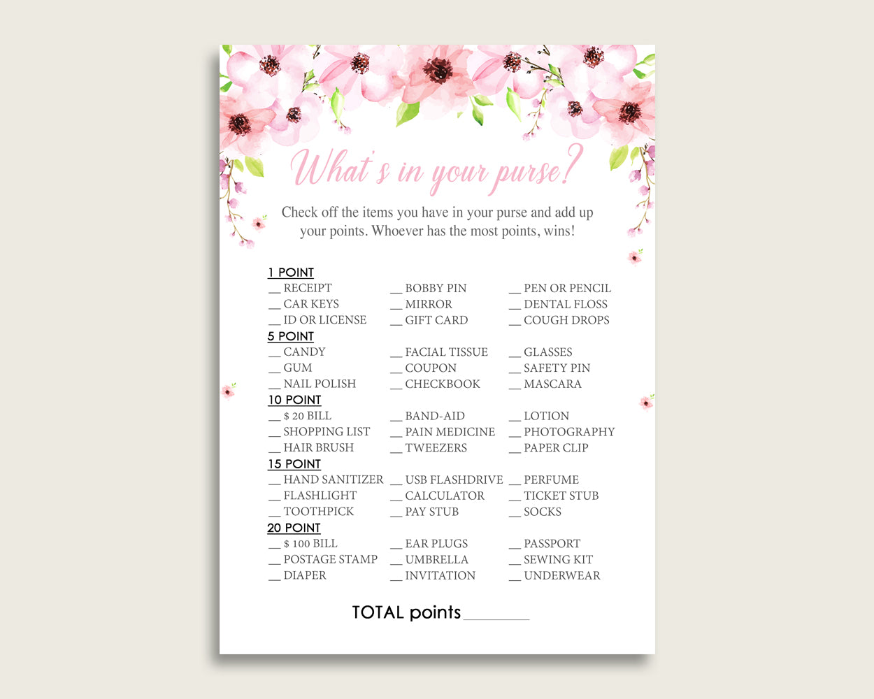 Flower Blush What's In Your Purse Game Printable, Pink Green Whats In Your Purse, Girl Baby Shower Purse Game, Instant Download, VH1KL