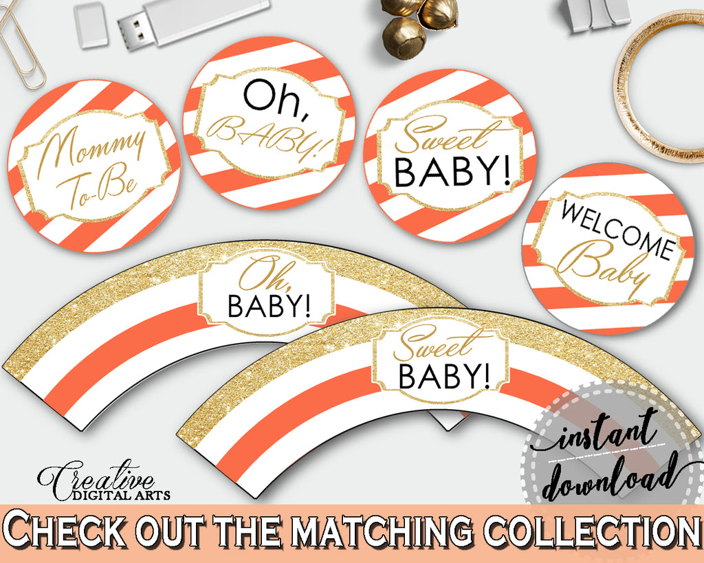 Baby shower orange CUPCAKE TOPPERS and cupcake WRAPPERS printable with glitter gold orange theme decorations, instant download - bs003