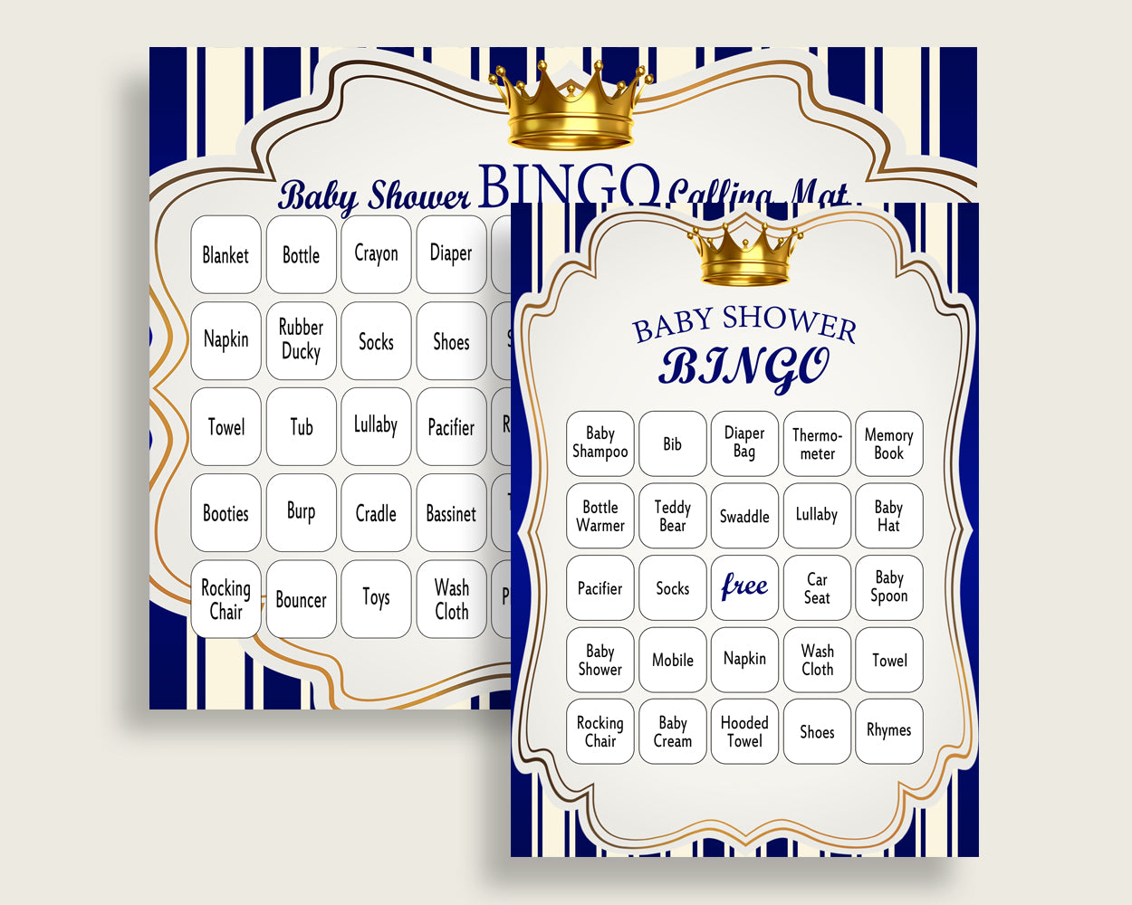 Royal Prince Baby Shower Bingo Cards Printable, Blue Gold Baby Shower Boy, 60 Prefilled Bingo Game Cards, Royal Blue King Gold Crown rp001