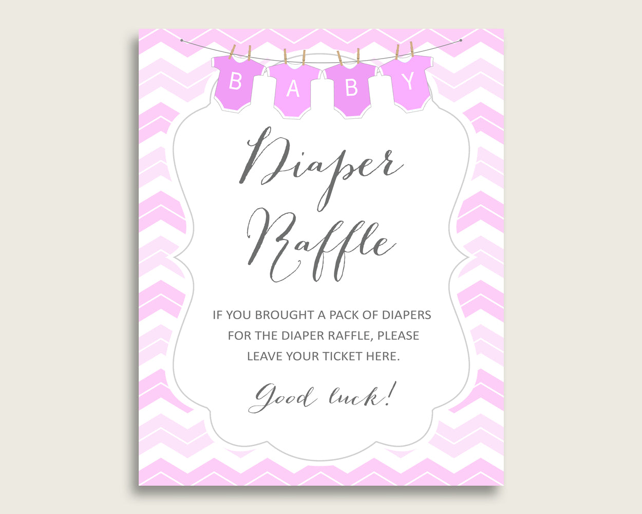 Chevron Baby Shower Diaper Raffle Tickets Game, Girl Pink White Diaper Raffle Card Insert and Sign Printable, Instant Download cp001