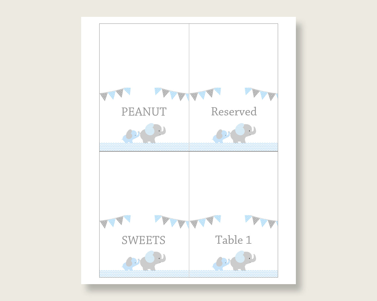 Elephant Folded Food Tent Cards Printable, Blue Grey Editable Pdf Buffet Labels, Boy Baby Shower Food Place Cards, Instant Download, ebl02