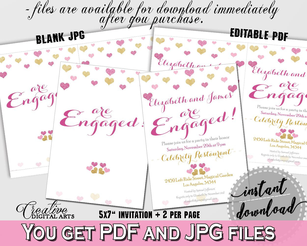 Gold And Pink Glitter Hearts Bridal Shower Theme: Engaged Invitation Editable - engagement party,  glitter hearts, printable files - WEE0X - Digital Product