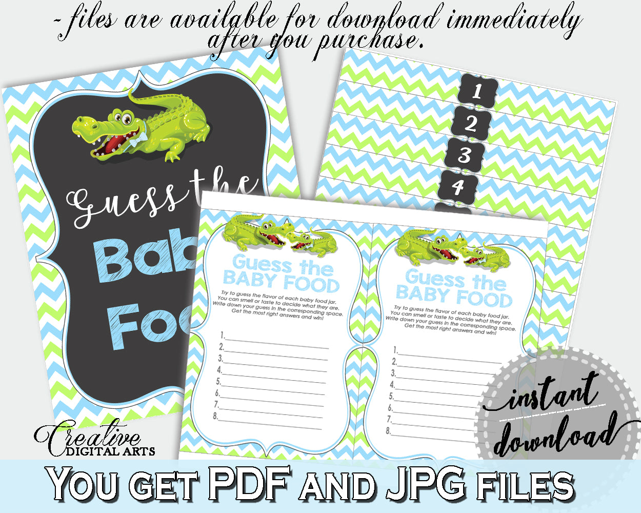 GUESS THE BABY FOOD game for baby shower with green alligator and pink blue theme, instant download - ap002