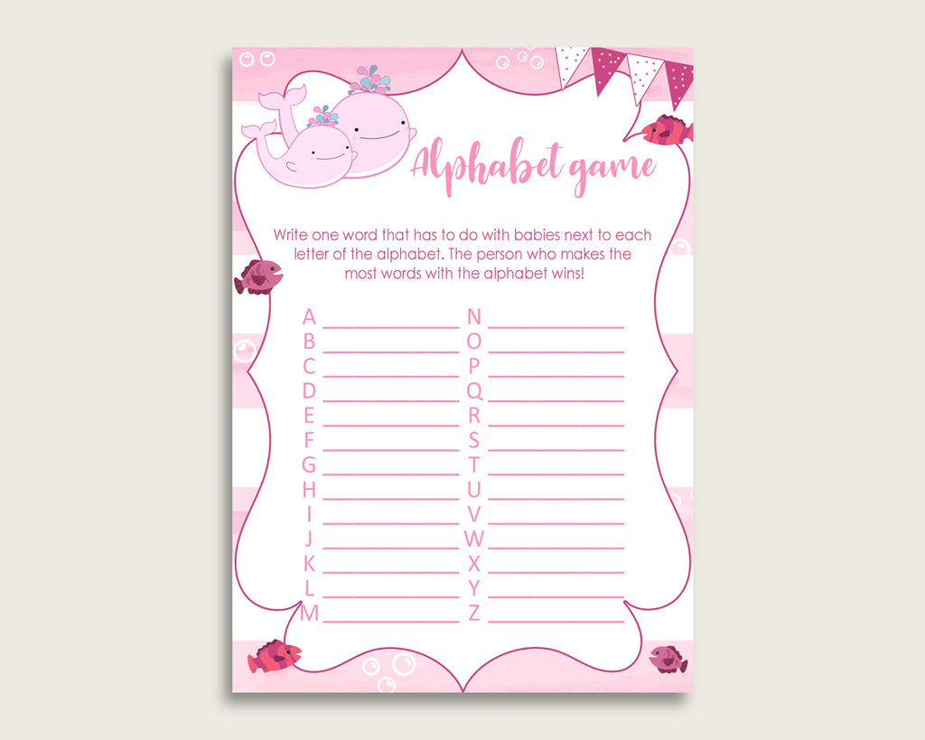 Pink White Alphabet Baby Shower Girl Game, Pink Whale A-Z Guessing Baby Game Printable, ABC's Baby Item Name Game, Instant Download, wbl02