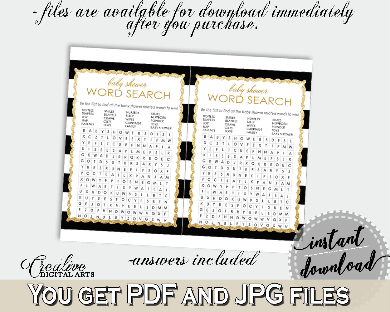 Baby Shower WORD SEARCH game with black white color stripes theme printable, digital files jpg pdf, instant download - bs001