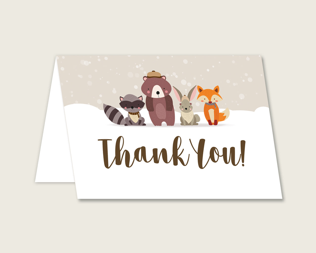 Beige Brown Thank You Cards Printable, Winter Woodland Baby Shower Thank You Notes, Gender Neutral Shower Thank You Folded, Instant RM4SN