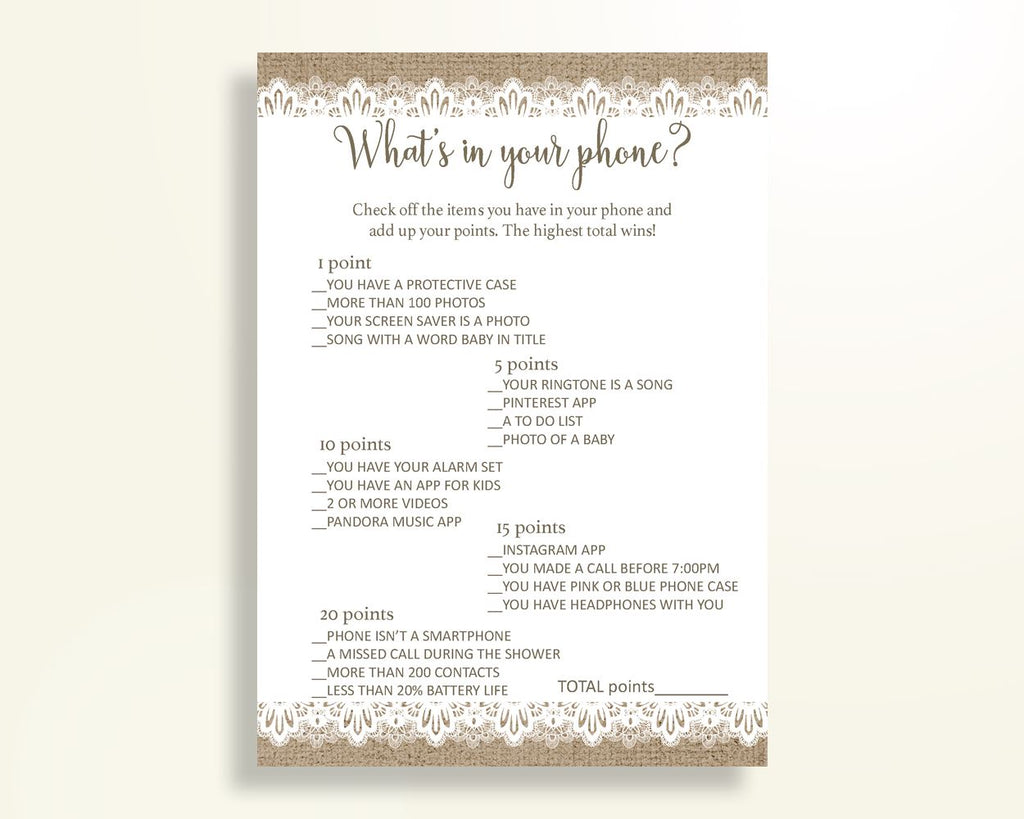 What's In Your Phone Baby Shower What's In Your Phone Burlap Lace Baby Shower What's In Your Phone Baby Shower Burlap Lace What's In W1A9S - Digital Product