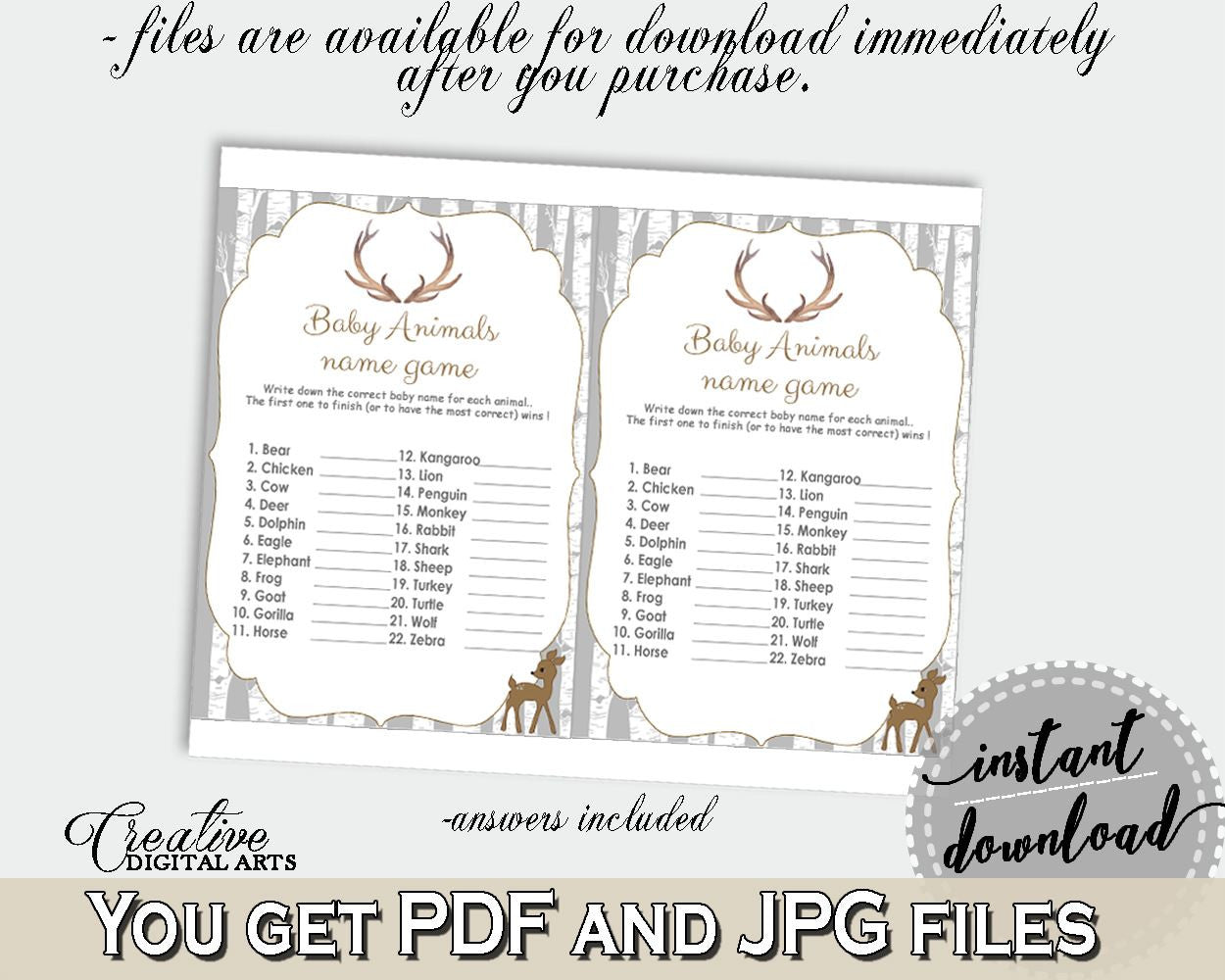 Baby Animal Names Baby Shower Baby Animal Names Deer Baby Shower Baby Animal Names Baby Shower Deer Baby Animal Names Gray Brown Z20R3 - Digital Product