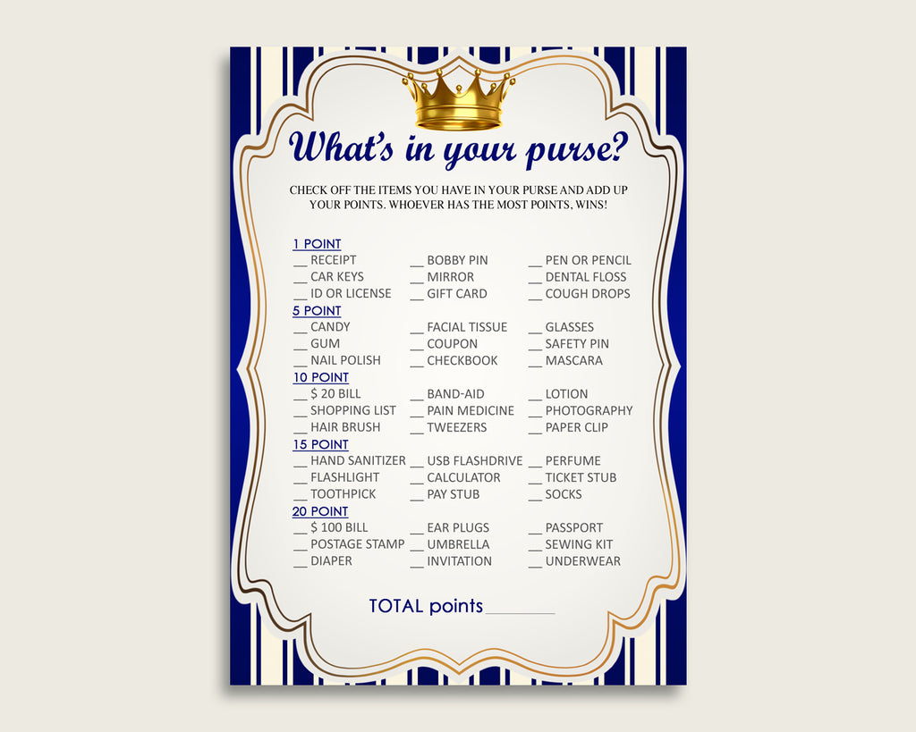Royal Prince What's In Your Purse Game Printable, Blue Gold Whats In Your Purse, Boy Baby Shower Purse Game, Instant Download, rp001