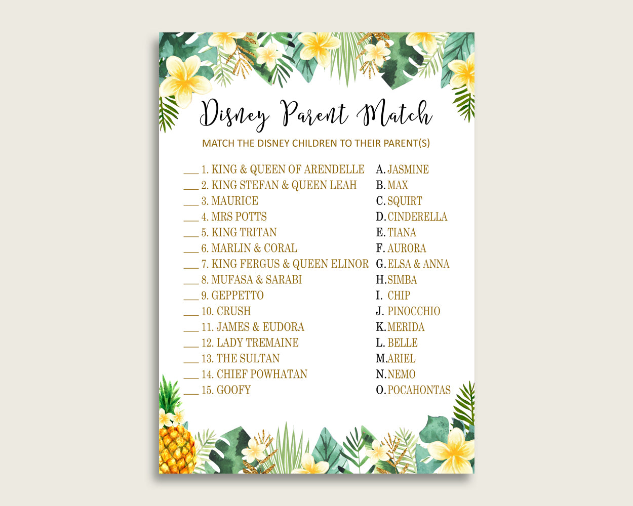 Tropical Disney Parent Match Game, Gender Neutral Baby Shower Game, Green Yellow Match The Disney Parents Printable, Instant Download, 4N0VK