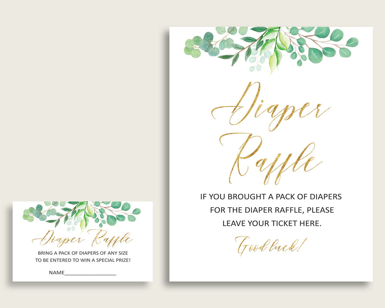 Greenery Baby Shower Diaper Raffle Tickets Game, Gender Neutral Green Gold Diaper Raffle Card Insert and Sign Printable, Instant Y8X33