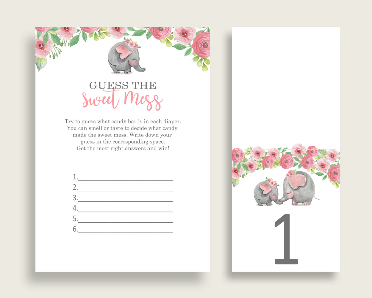 Pink Elephant Guessing Game Baby Shower Girl, Pink Grey Guess The Sweet Mess Game Printable, Dirty Diaper Game, Instant Download, ep001