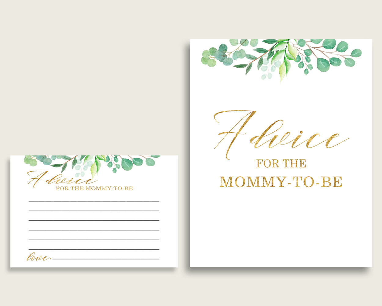 Greenery Advice For Mommy To Be Cards & Sign, Printable Baby Shower Green Gold Advice For New Parents, Instant Download, Most Popular Y8X33