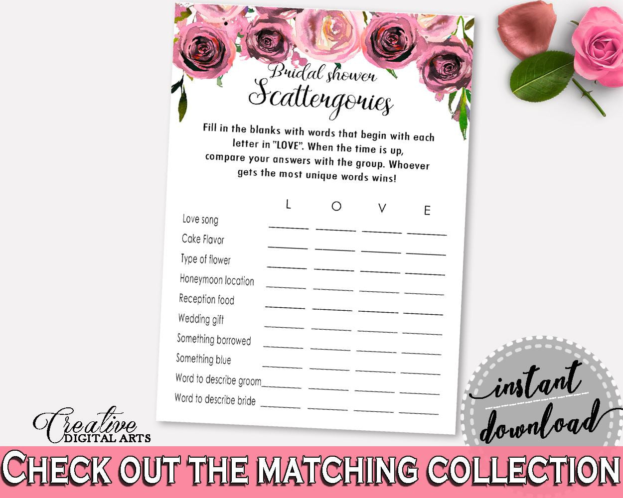 Scattergories Bridal Shower Scattergories Floral Bridal Shower Scattergories Bridal Shower Floral Scattergories Pink Purple prints BQ24C - Digital Product