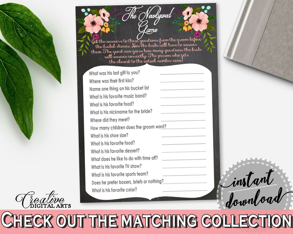 The Newlywed Game in Chalkboard Flowers Bridal Shower Black And Pink Theme, icebreaker game, chalkboard theme, party organizing - RBZRX - Digital Product