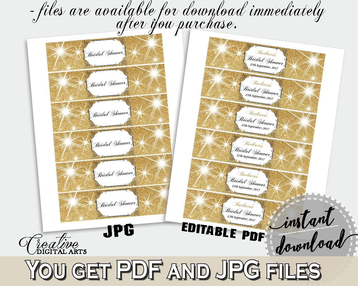 Napkin Ring Editable in Glittering Gold Bridal Shower Gold And Yellow Theme, napkin stickers, black gold, paper supplies, prints - JTD7P - Digital Product