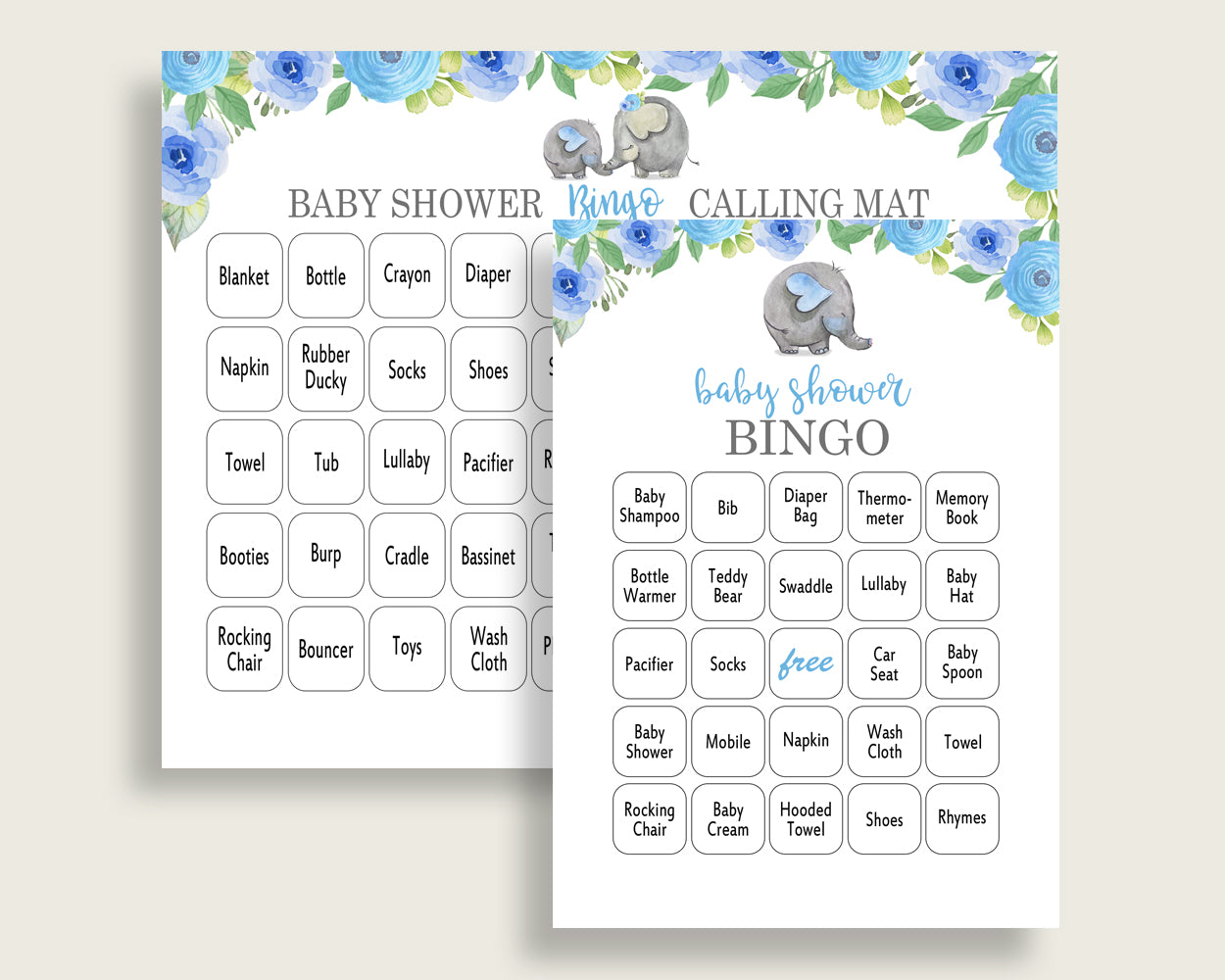 Elephant Blue Baby Shower Bingo Cards Printable, Blue Gray Baby Shower Boy, 60 Prefilled Bingo Game Cards, Cute Elephant Flowers ebl01