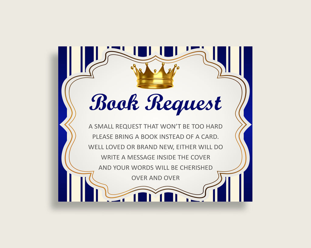 Royal Prince Baby Shower Bring A Book Insert Printable, Boy Blue Gold Book Request, Royal Prince Books For Baby, Book Instead Of Card, rp001