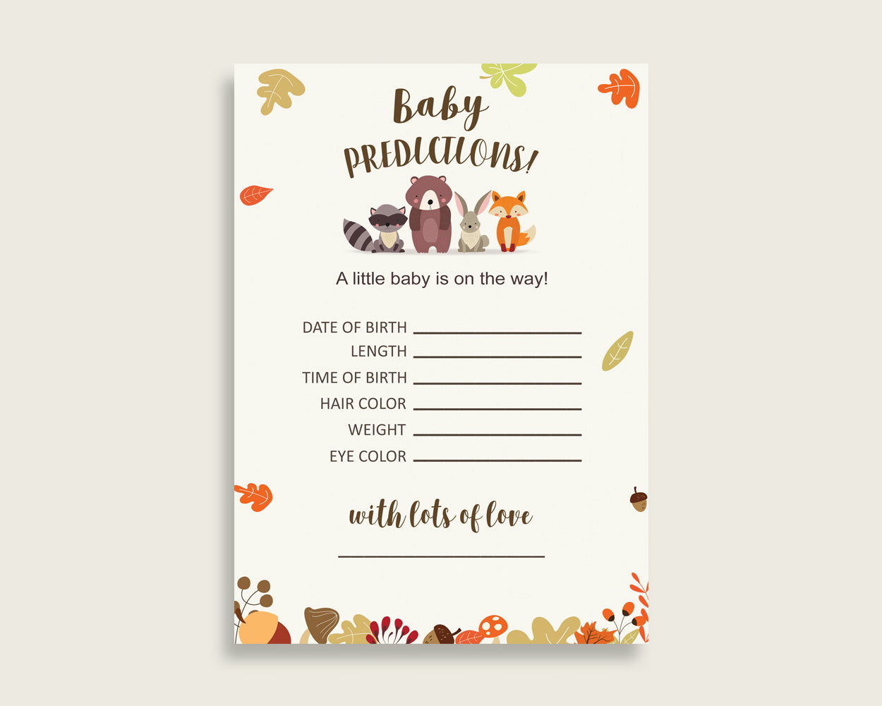 Woodland Baby Shower Prediction Cards & Sign Printable, Brown Beige Baby Prediction Game Gender Neutral, Instant Download, Bear Forest w0001