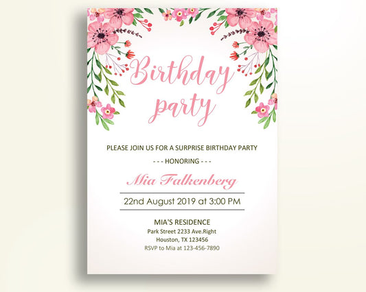 Flowers Pink Birthday Invitation Flowers Pink Birthday Party Invitation Flowers Pink Birthday Party Flowers Pink Invitation Girl N9CGA - Digital Product