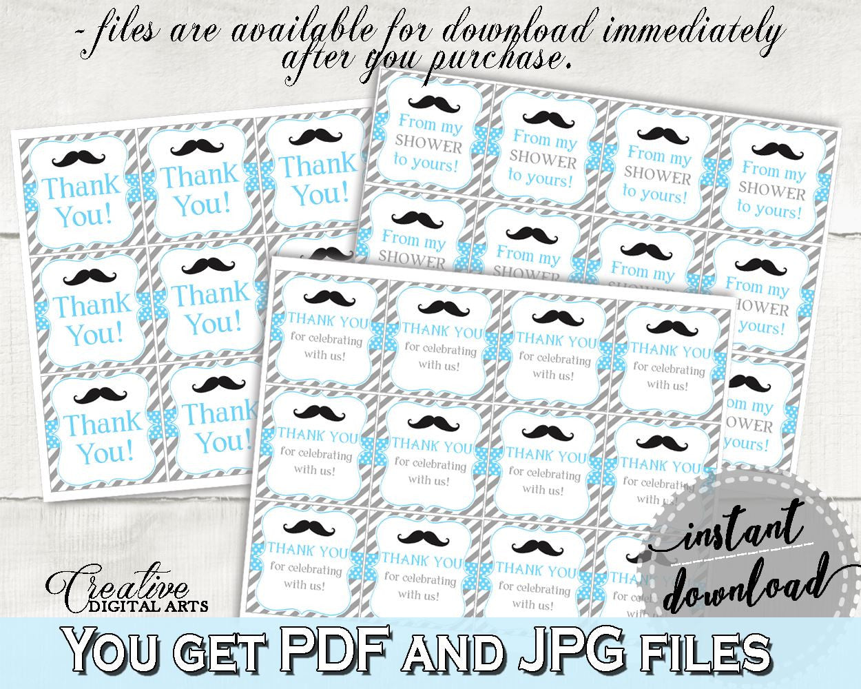 Square Tags, Baby Shower Square Tags, Mustache Baby Shower Square Tags, Baby Shower Mustache Square Tags Blue Gray pdf jpg, prints - 9P2QW - Digital Product