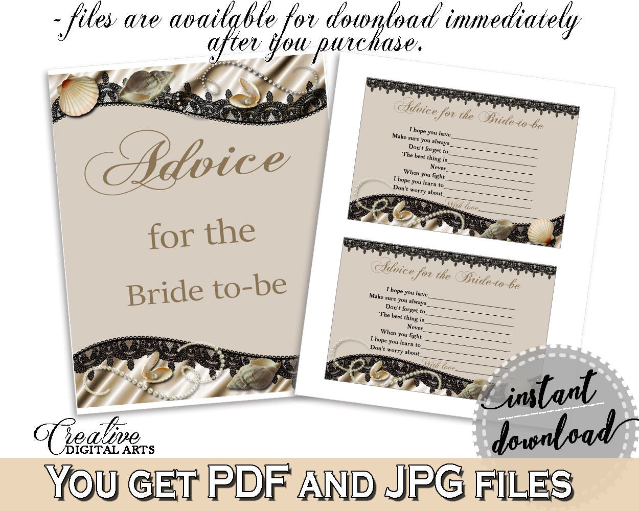 Advice For The Bride To Be in Seashells And Pearls Bridal Shower Brown And Beige Theme, instructions bride, party ideas, prints - 65924 - Digital Product